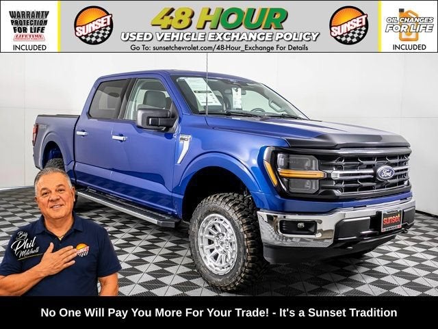 2025 Ford F-150 XLT in Atlas Blue Meta — front three-quarter view